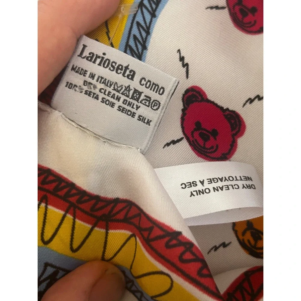 Moschino Teddy Bear Silk Scarf Vintage Made in Italy Square Neckerchief Multi